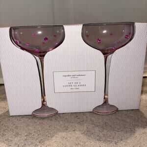 NEW Dotted PINK COUPE GLASSES Martini Margarita Cocktail 3D Dots Beaded SET OF 2